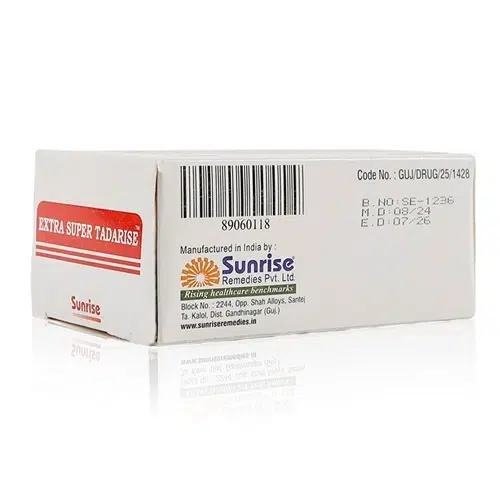 雙效犀利士藥品盒背面與 Sunrise 條碼標示 Extra Super Tadarise 雙效犀利士盒裝背面與條碼展示圖