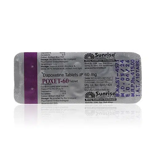 POXET-60 藥板背面印刷圖片(Sunrise 原廠) POXET-60 鋁箔藥板標示圖(含達泊西汀 60mg)