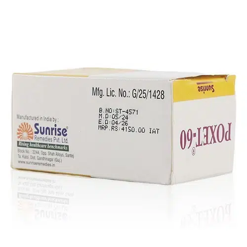POXET-60 製造編號與原廠標示側邊圖 POXET-60 藥盒側邊 Sunrise 製藥與製造資訊展示圖